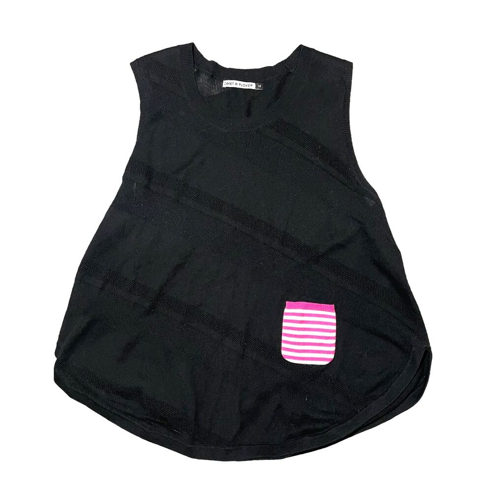 Zaket & Plover Tank Top Silk Cotton Nylon Knit Black Pink Accent Pocket Medium